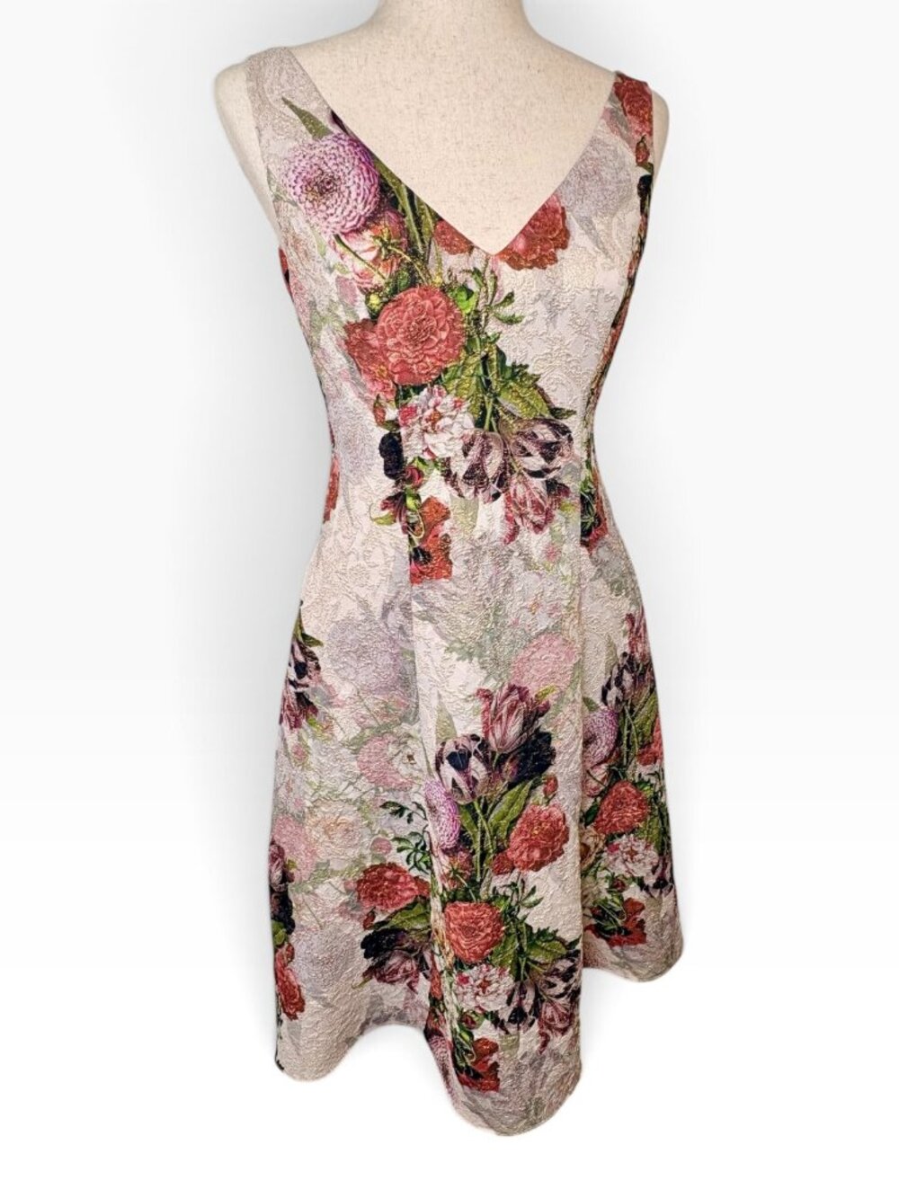 Adrianna Papell Pink Floral Metallic Jacquard Fit Flare Dress Size 4